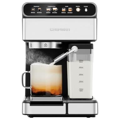 Chefman CaféMaster Pro Machine à expresso pour infusion simple ou double - Cafetière avec mousseur à lait intégré pour cappuccino et latte - Réservoir d'eau amovible XL de 1,8 litre - Acier inoxydable