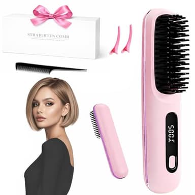 Brosse chauffante pour cheveux courts, brosse pour cheveux courts, pour voyage, avec affichage LCD de la température, brosse à lisser sans fil à chauffage rapide (rose)