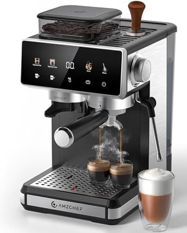 AMZCHEF Machine à expresso à 20 bars avec broyeur intégré | 3 températures et 20 réglages de mouture pour infusion chaude et froide | Mousseur à lait automatique pour latte et cappuccino | Réservoir