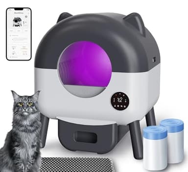 Litière autonettoyante pour chat, extra large, 110 L, contrôle par application, sans pelle, sans odeur, grande litière électrique pour chats multiples, comprend un tapis, 2 sacs à ordures
