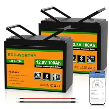 ECO-WORTHY 12 V 200 Ah (2 pack 100 Ah) LiFePO4 Batterie au lithium Bluetooth avec protection basse température, BMS intégré, jusqu’à 15 000+ cycles de vie profonde, parfaite pour VR, marine