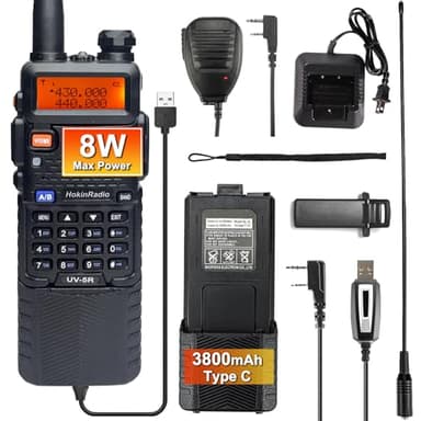 Radio-walkie portable UV-5R 8 W longue portée pour adultes avec batterie rechargeable de 3800 mAh de type C, microphone à main, écouteurs, antenne à gain élevé et câble de programmation