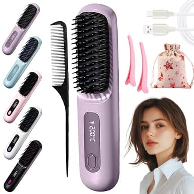 Brosse chauffante pour cheveux courts, brosse à lisser sans fil à chauffage rapide, pour voyage, avec affichage LCD de la température (violet)