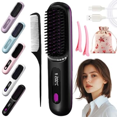 Brosse à cheveux sans fil pour cheveux courts, brosse chauffante pour cheveux courts, brosse à lisser sans fil à chauffage rapide, pour voyage, avec affichage LCD de la température (noir)