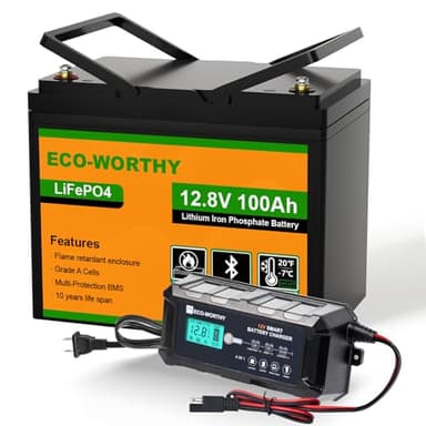 ECO-WORTHY Batterie au lithium Bluetooth LiFePO4 12 V 100 Ah et chargeur de batterie intelligent automatique 12 V 10 A, protection BMS basse température intégrée, jusqu'à 15 000 cycles profonds, pour